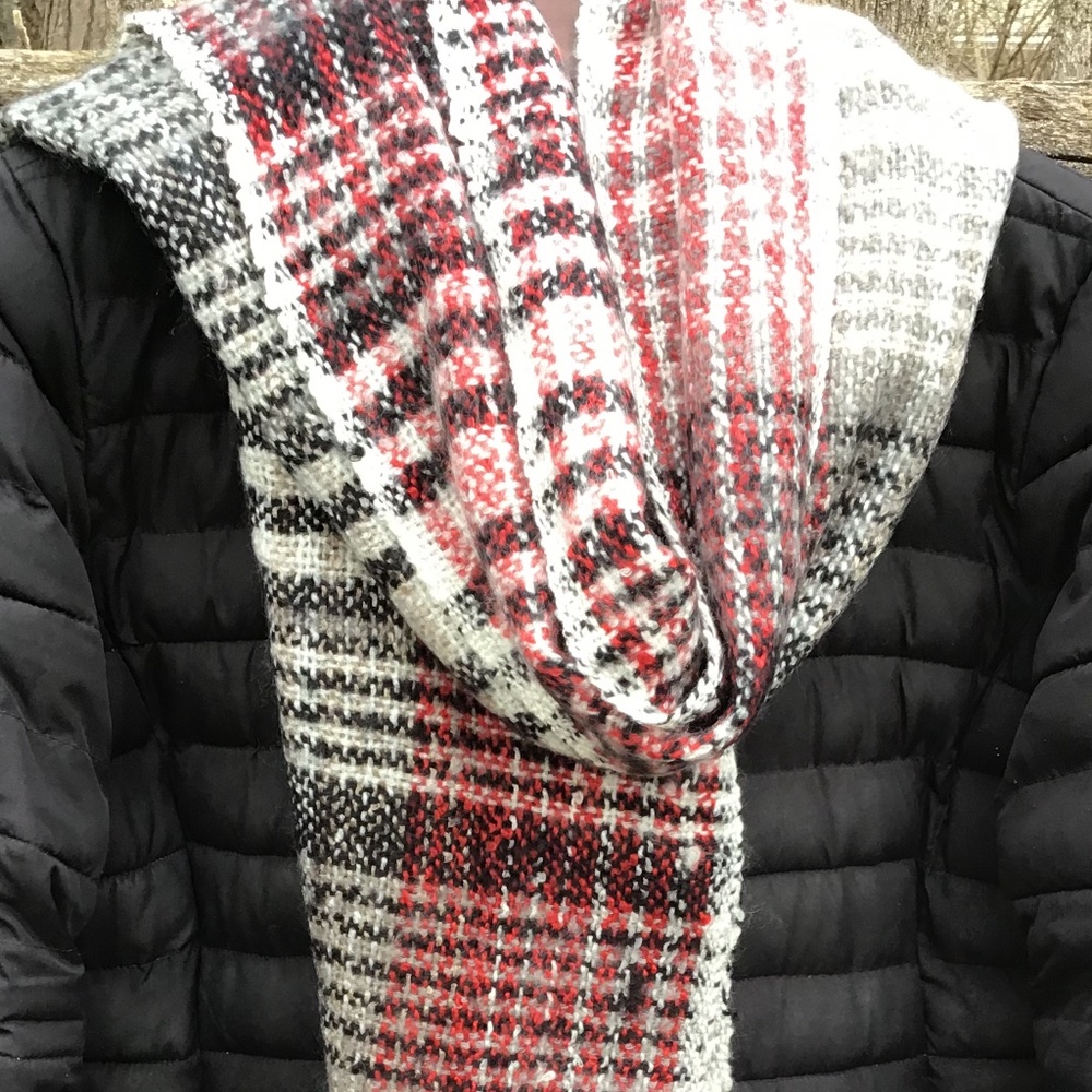 J. Jill Red, Black, Grey, Cream Plaid Scarf, NWT